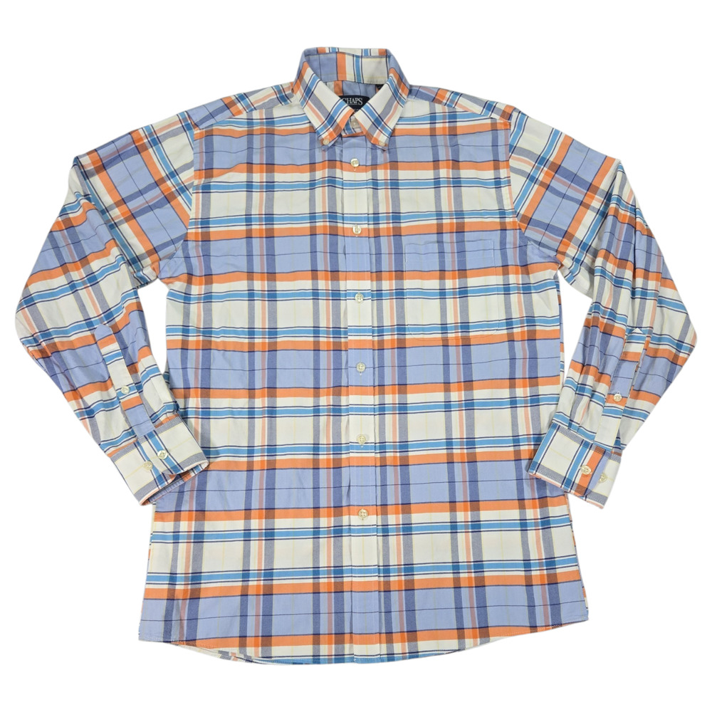 Chaps Oxford Mens 15-15.5 32/33 Small Blue Orange Plaid Classic Fit Shirt Spring